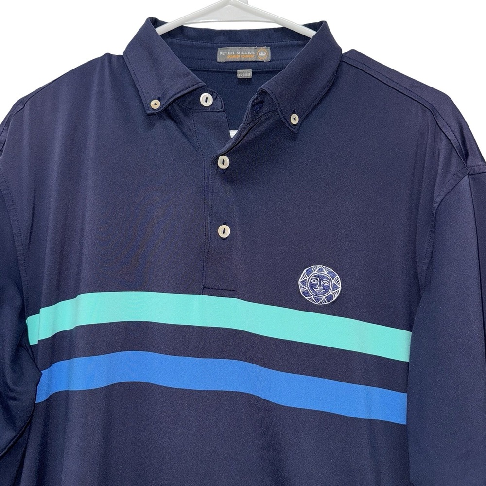 Peter Millar Polo Shirt Mens‎ M Navy Blue Striped Summer Comfort Sun Logo